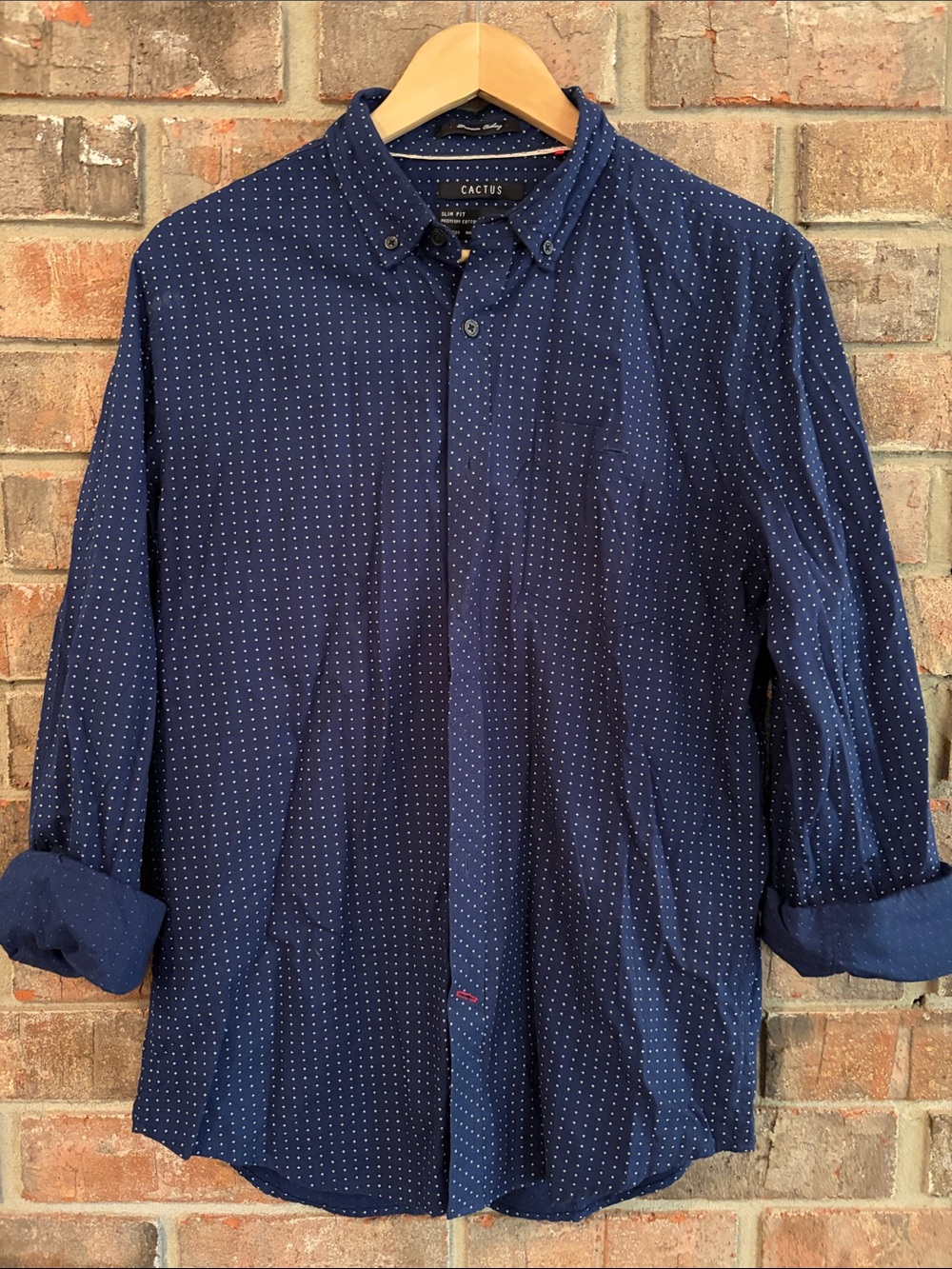Cactus Navy Button-Down Shirt with White Micro Dot Pattern